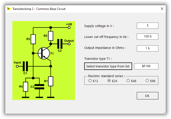 specify a new amp in common-base configuration