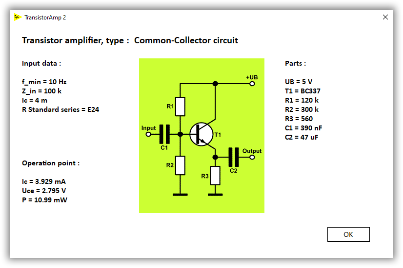 design result of your new transistor amplifier in common-collector configuration