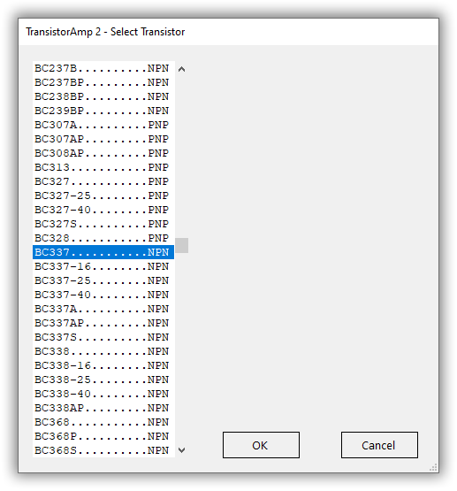 select a transistor type for the amplifier in common-collector configuration