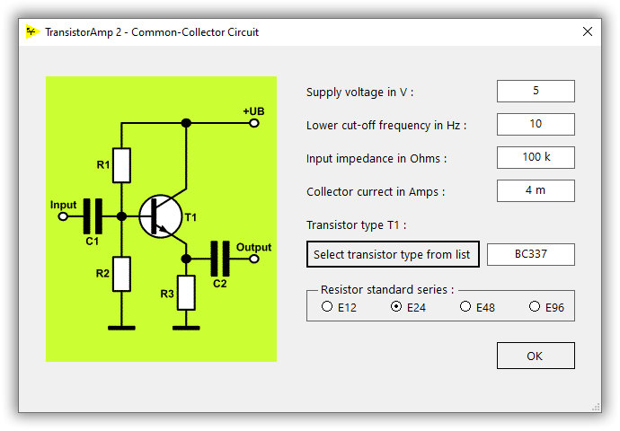 specify a new amp in common-collector configuration