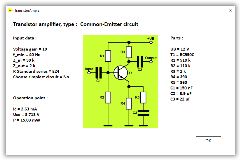 design result of your new transistor amplifier in common-emitter configuration