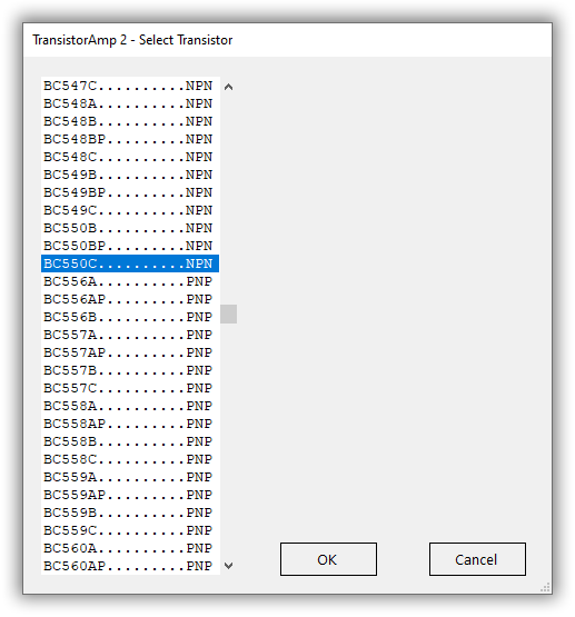 select a transistor type for the amplifier in common-emitter configuration