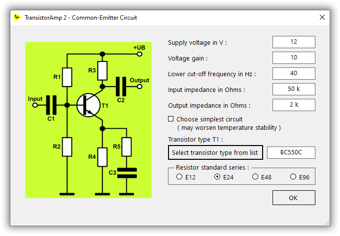 specify a new amp in common-emitter configuration